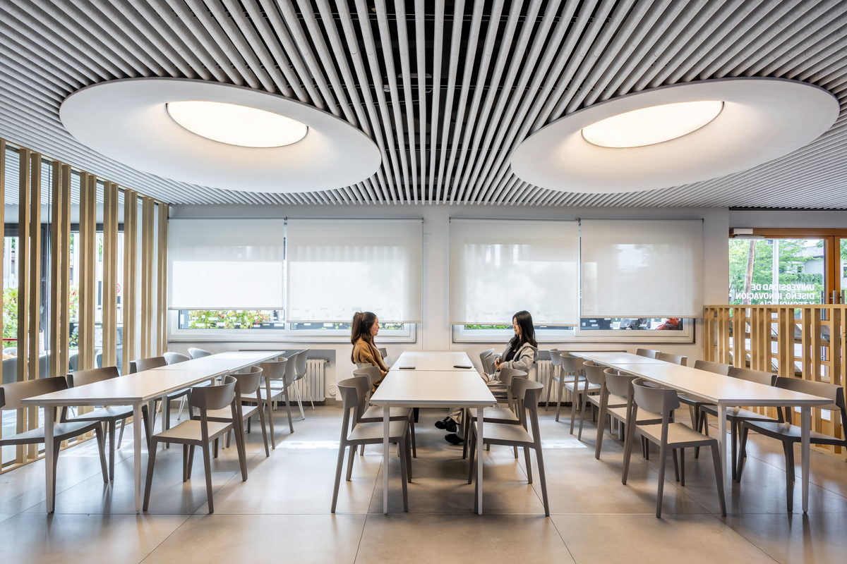 Sala de trabajo con mesas corridas y sillas ligeras junto a una fachada acristalada