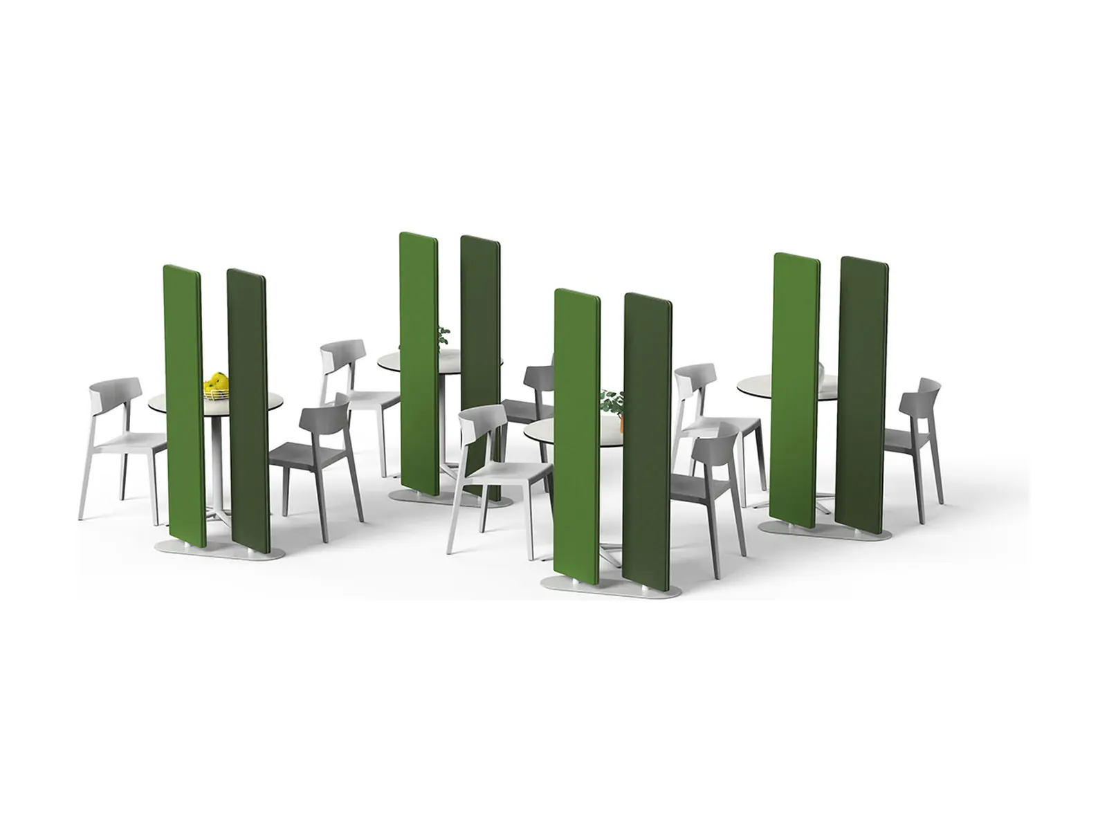 Actiu 360, paneles verdes en composición junto a mesas de reunión