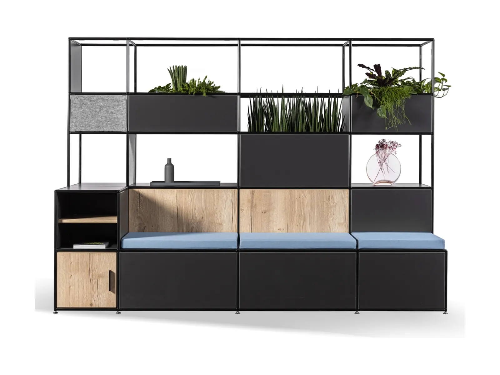 BOSSE Design modul space, composición modular con estanterías, cajonera y banco sobre fondo blanco