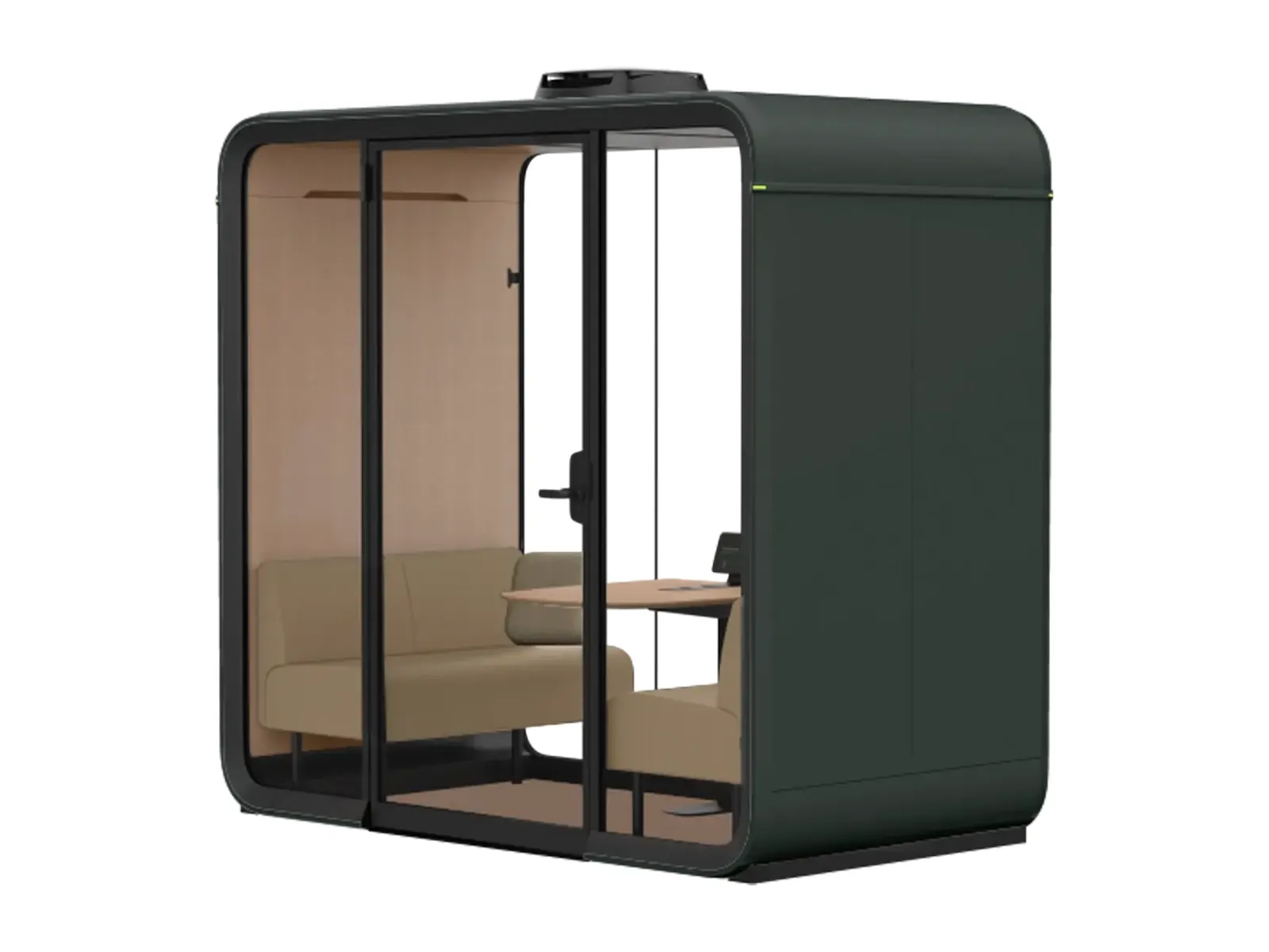 Framery Four, interior con mesa, sofás y acabado en verde oscuro