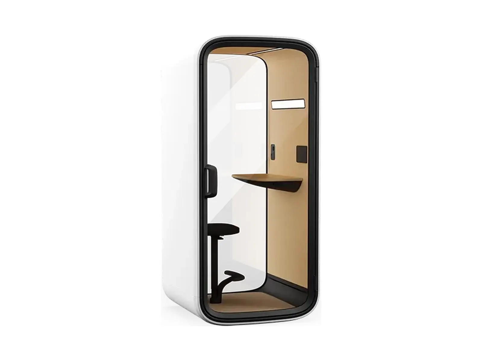 Framery One Compact, vista lateral con mesa y taburete integrados