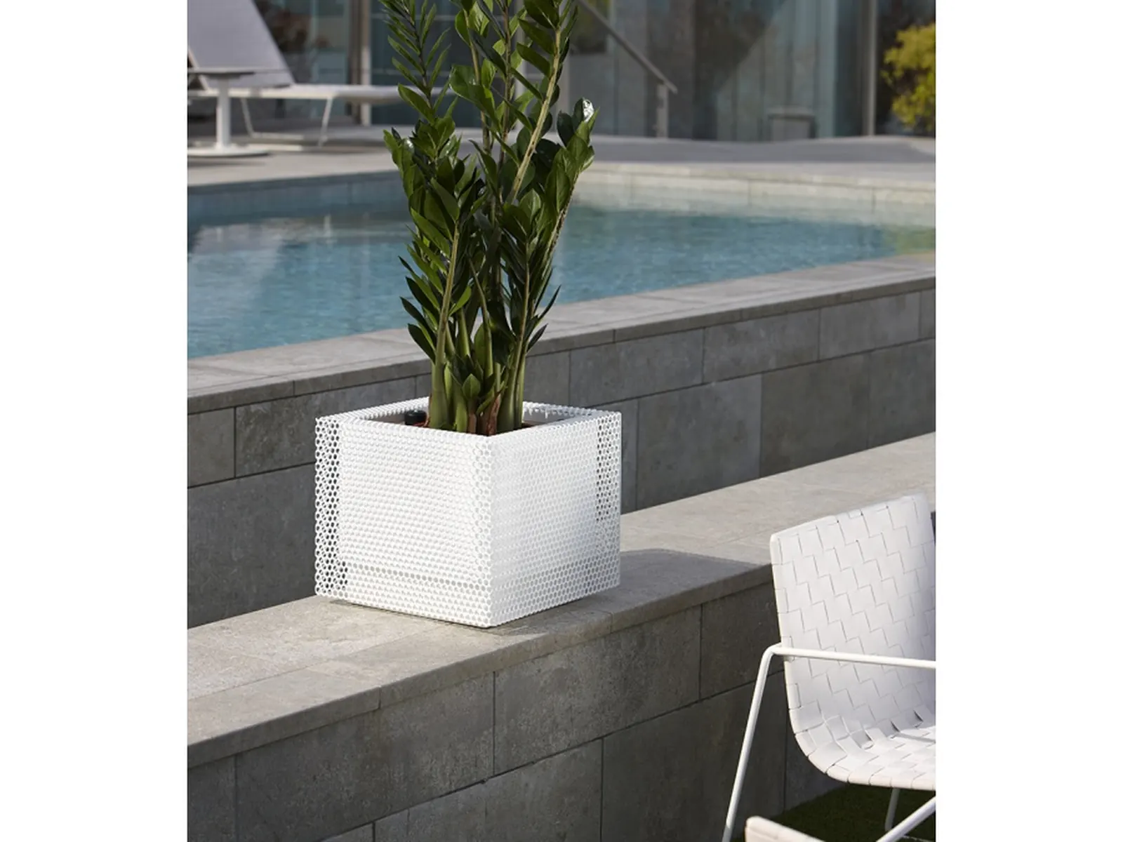 HobbyFlower Top, jardinera de malla de acero inoxidable junto a una piscina