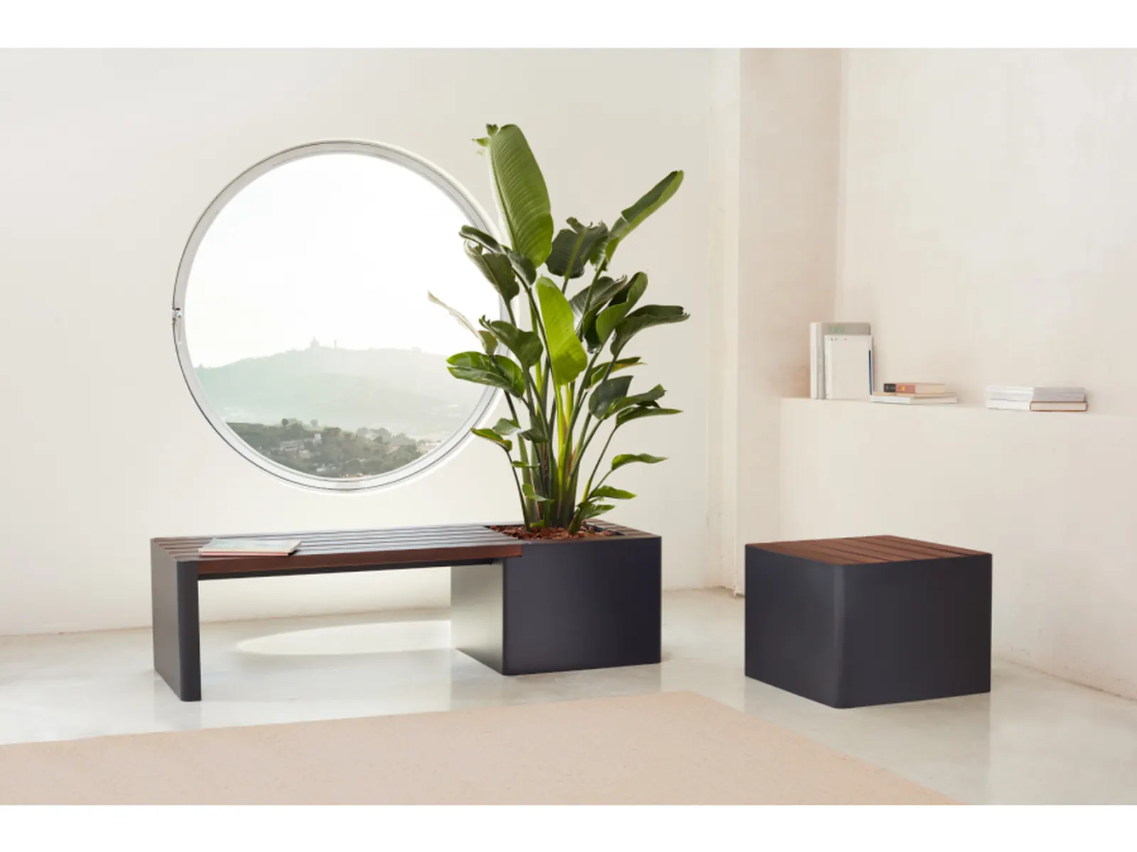 HobbyFlower Woodgreen, composición de banco y jardinera junto a una ventana circular
