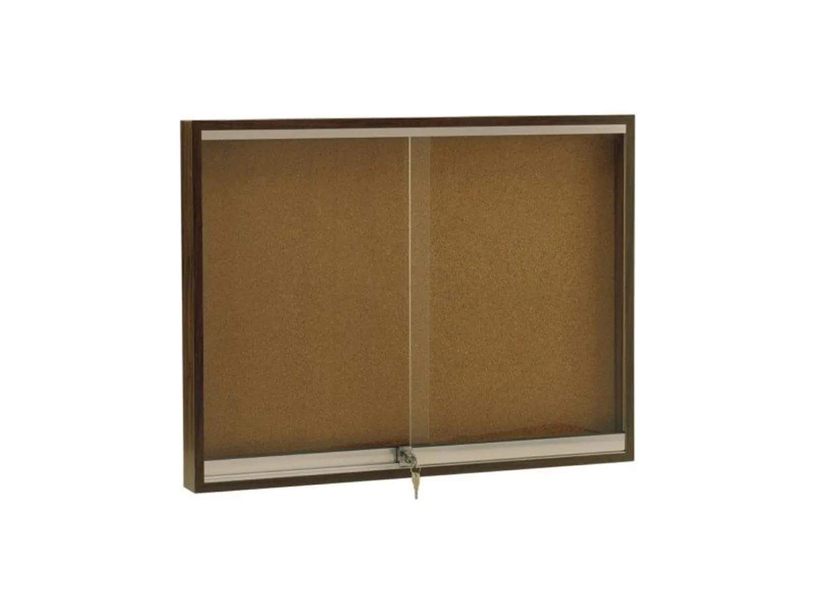 Vitrina de anuncios de interior Lamirotil con estructura de madera en acabado nogal y puertas correderas, vista de estudio