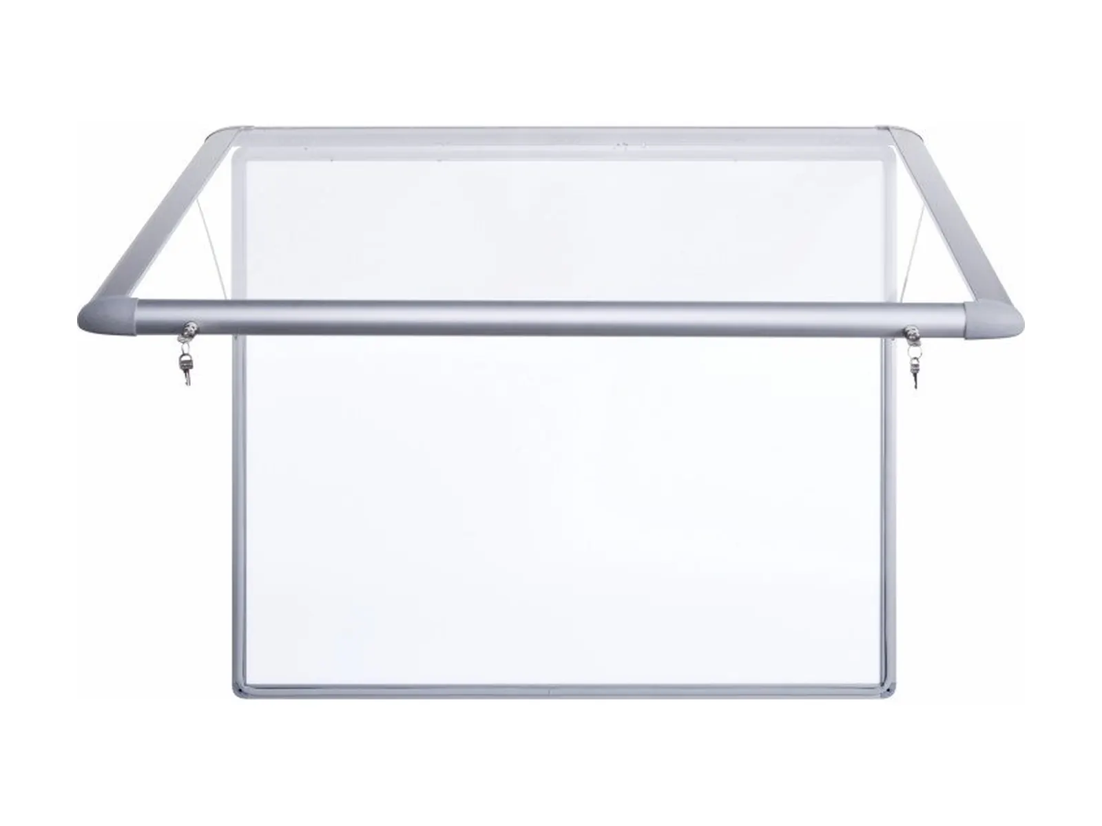 Vitrina de anuncios de exterior Lamirotil Eco-150 con la puerta elevable de vidrio templado abierta