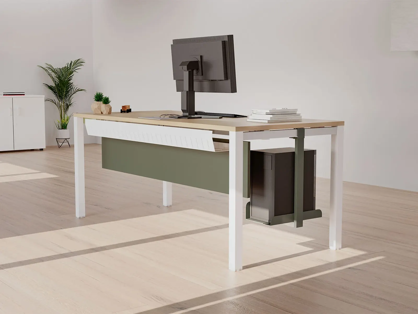Limobel Inwo Nix, mesa operativa con mueble auxiliar en escena de oficina