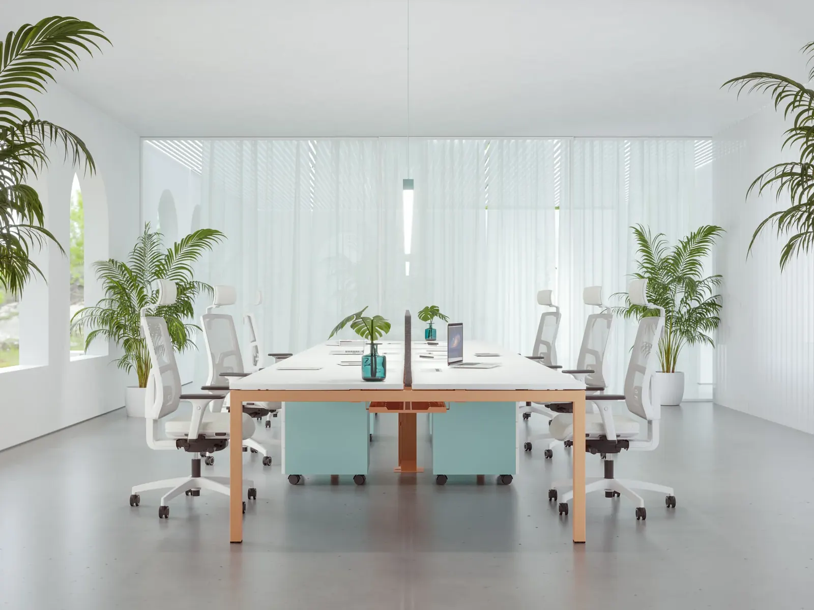 Limobel Inwo Nix, mesa de reunión con sillas en sala luminosa