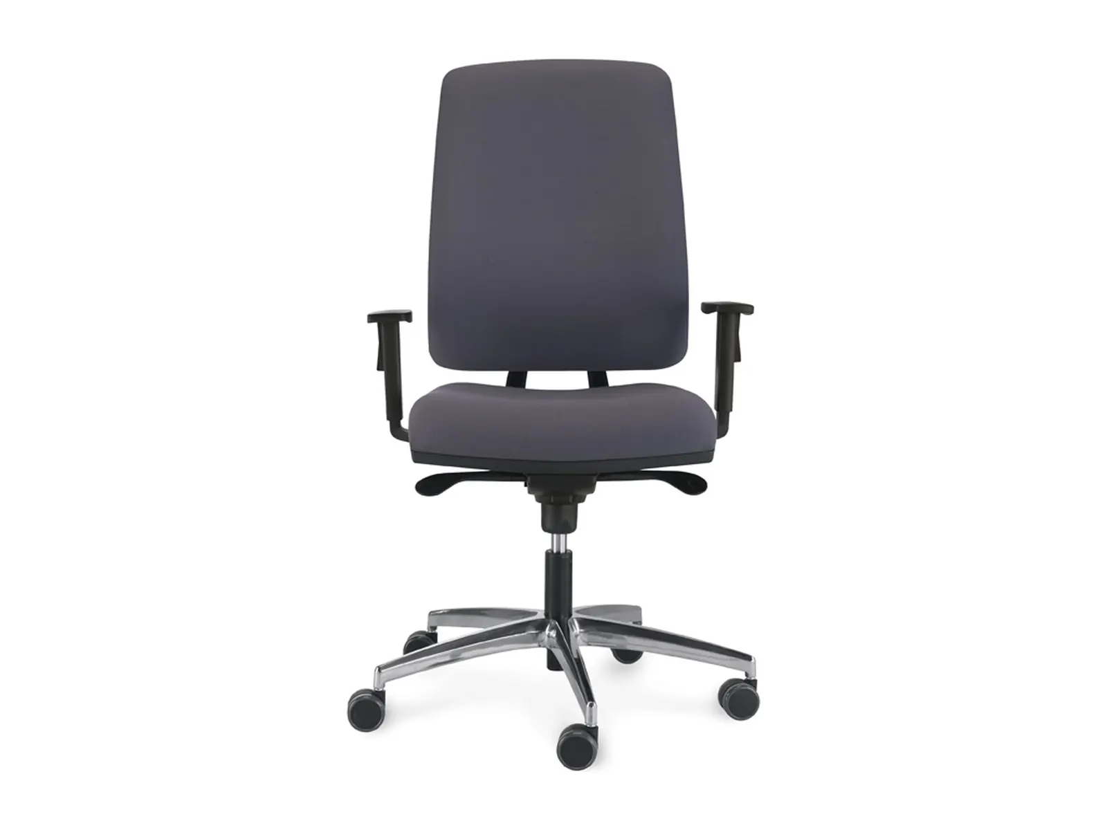 Luyando Absolute Tapizada en gris con base de aluminio pulido piramidal, vista lateral