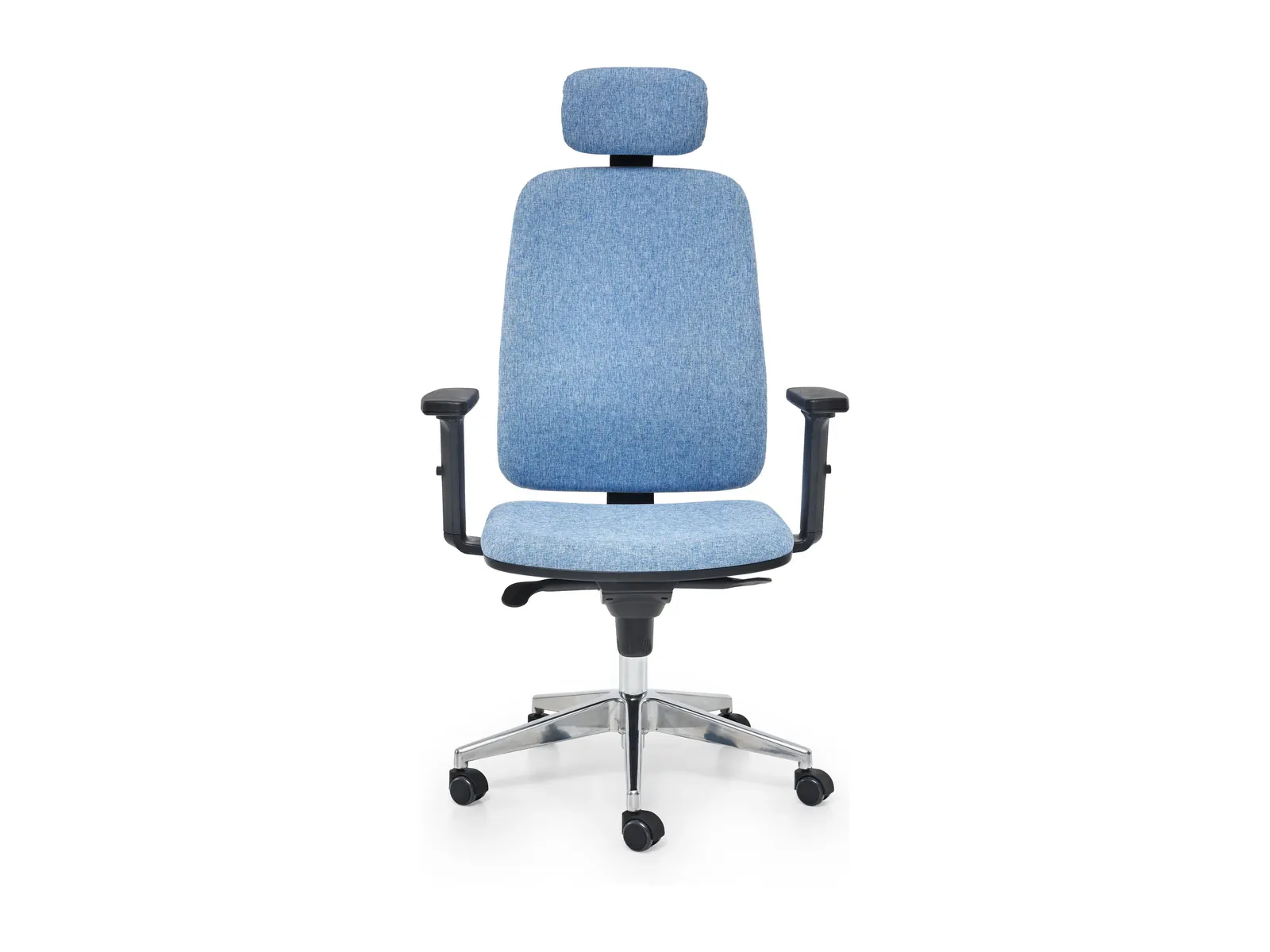 Silla Blaze con respaldo tapizado en azul claro y reposacabezas, sobre base de aluminio pulido