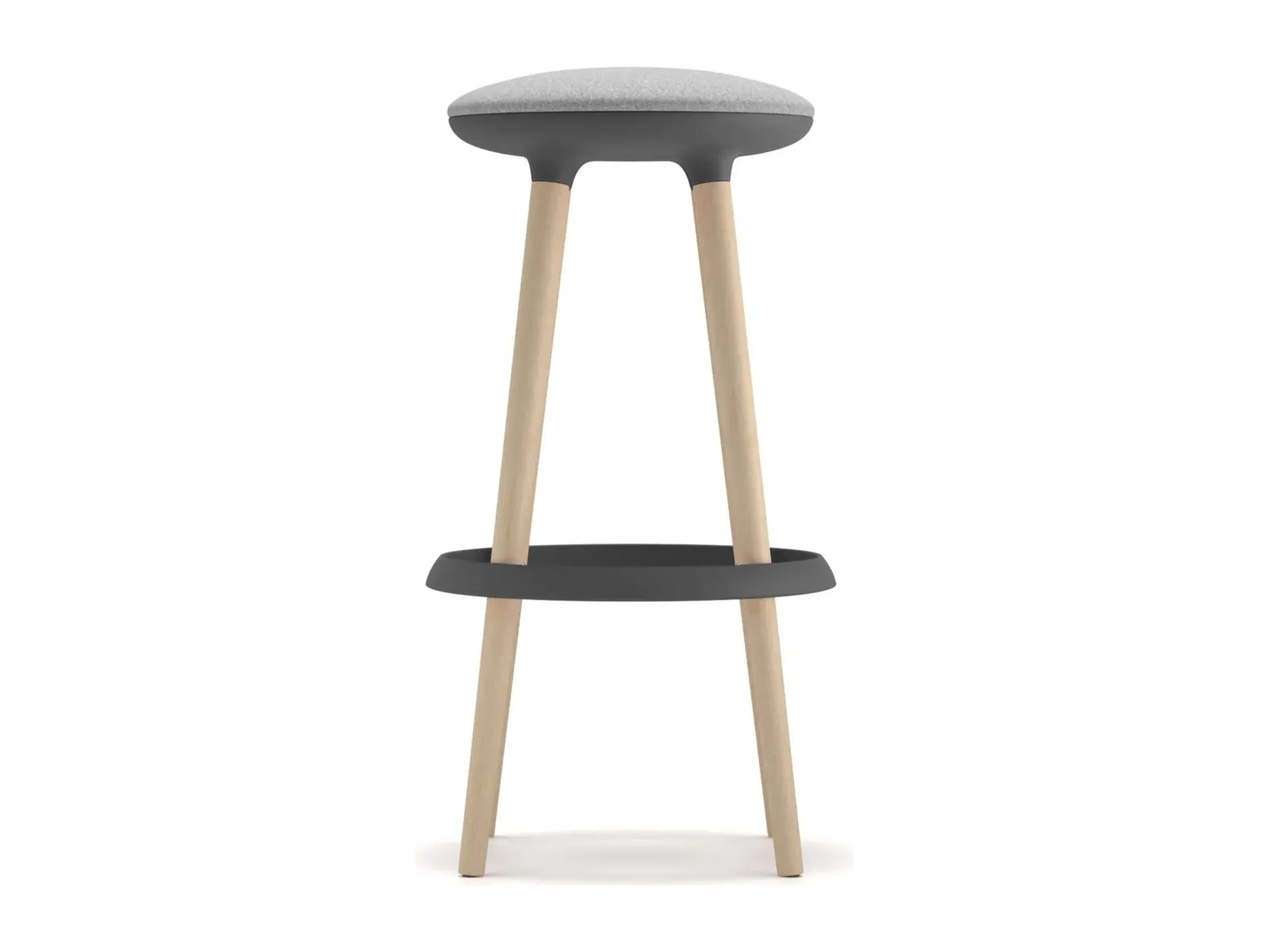 Taburete Joy de Syta, versión alta con asiento tapizado en gris, aro reposapiés y patas de madera, distribuido por Ofillorca en Mallorca