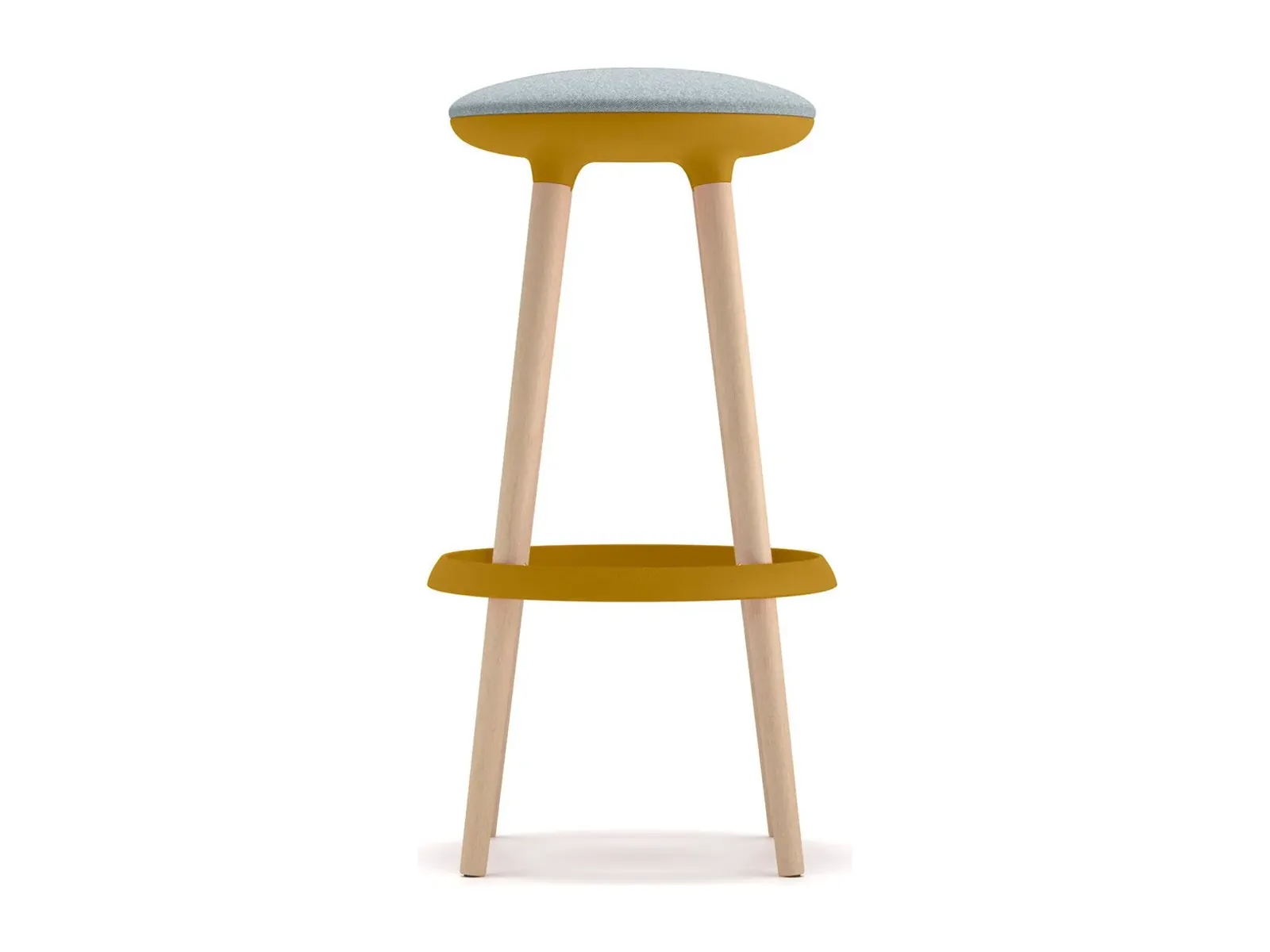 Taburete Joy alto con el asiento y el aro reposapiés en amarillo sobre patas de madera clara