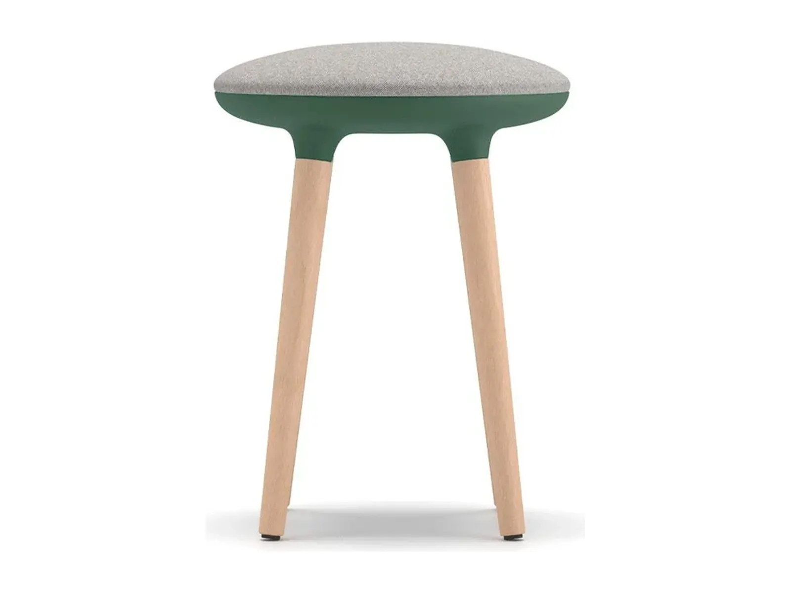 Taburete Joy bajo con asiento tapizado en verde sobre patas de madera clara