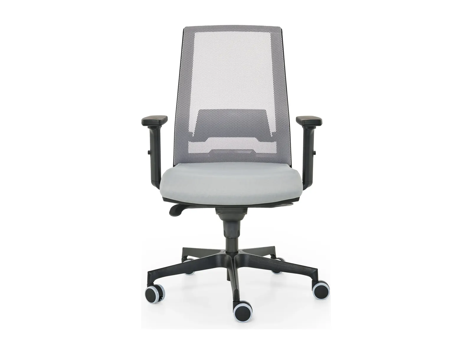 Silla Luce en versión negra vista de frente, con brazos regulables y asiento tapizado en gris