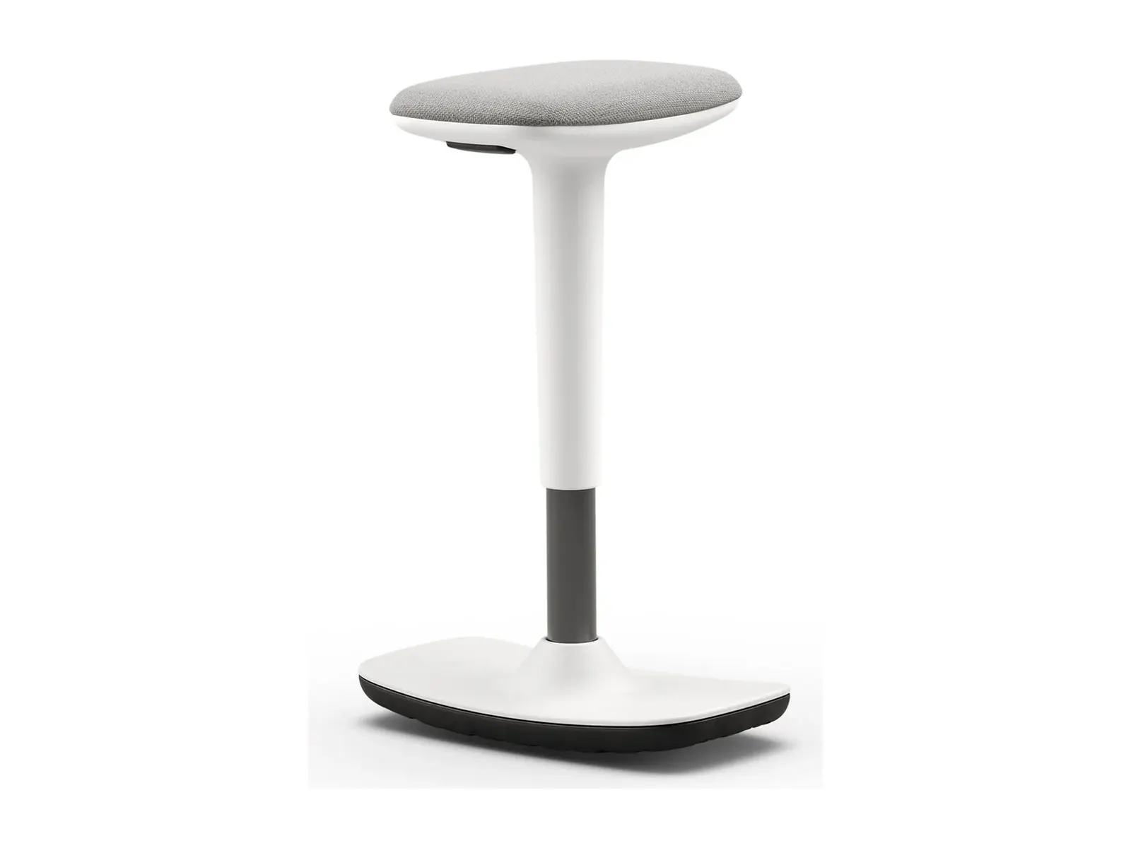 Taburete Neol en blanco con asiento tapizado en gris claro y columna de gas vista, en tres cuartos