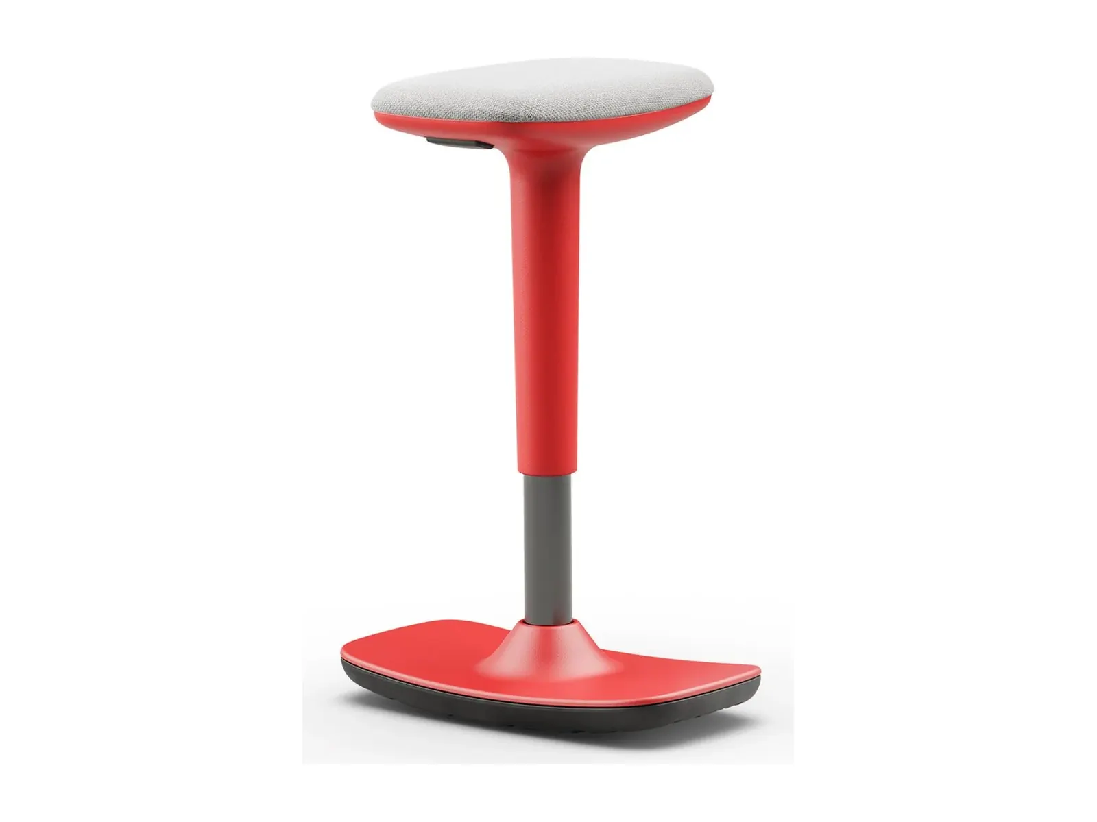 Taburete Neol en rojo con asiento tapizado en gris, base curva y columna de gas gris