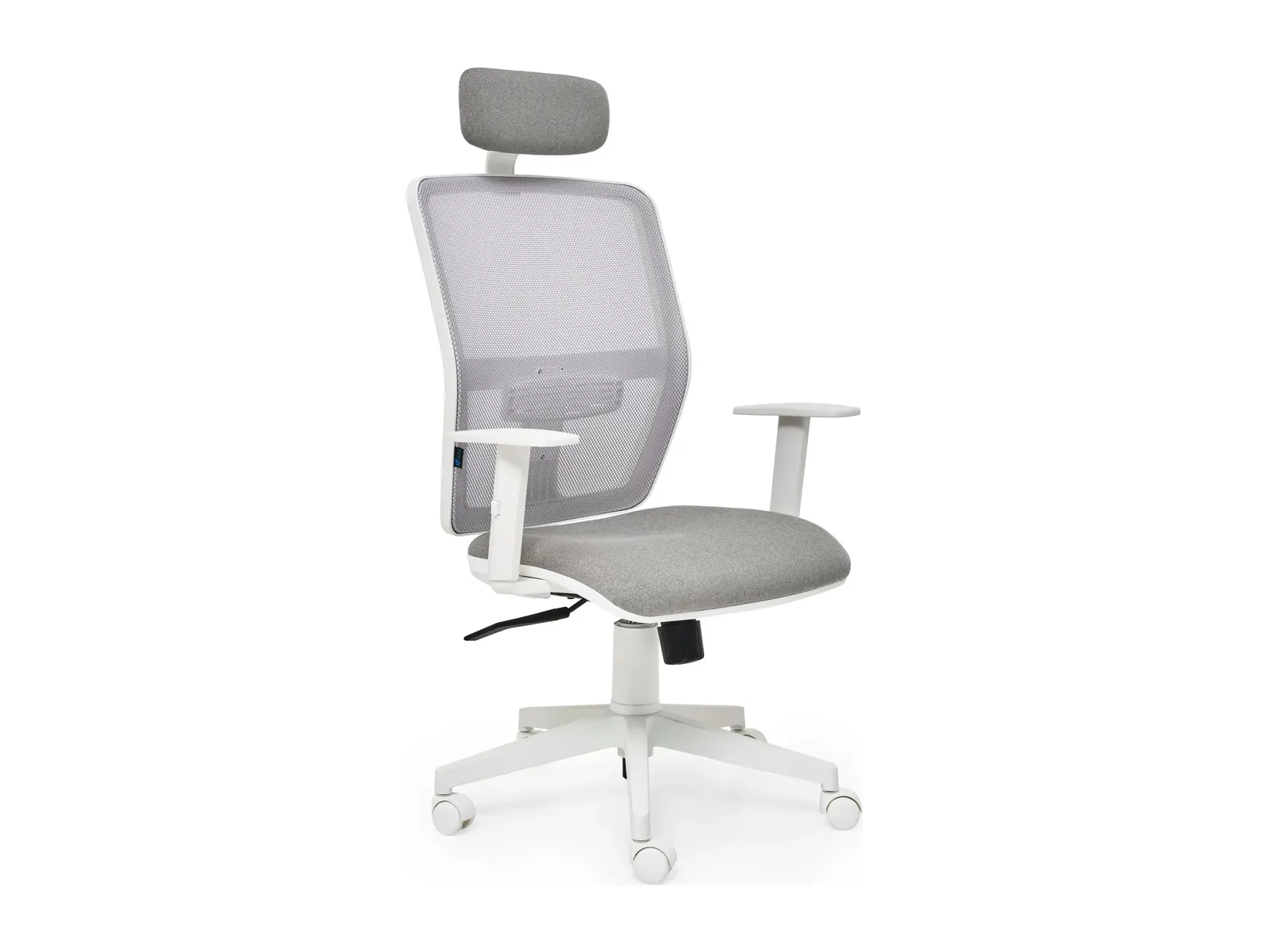 Silla Oki en la referencia Oki2, con marco, carcasas y base en blanco y asiento tapizado en gris