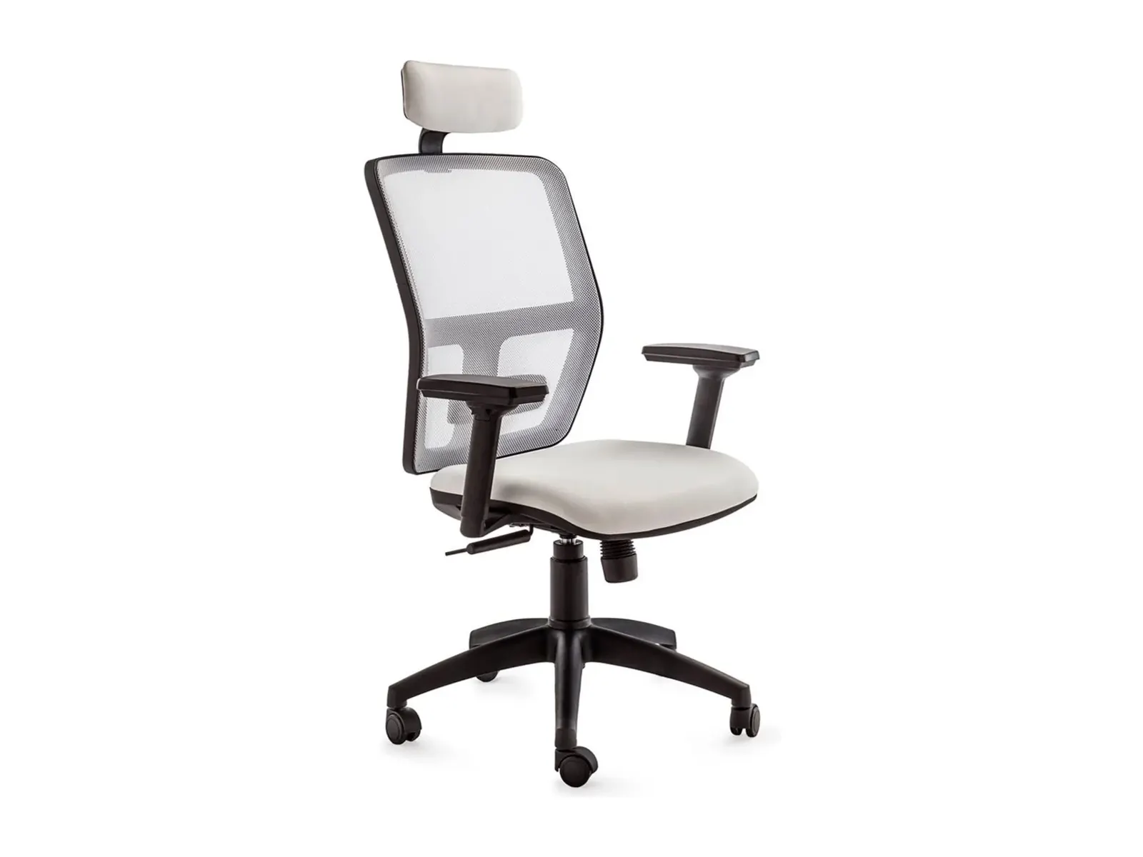 Silla Oki con tapicería clara y base negra de cinco radios de poliamida con ruedas de doble rodadura